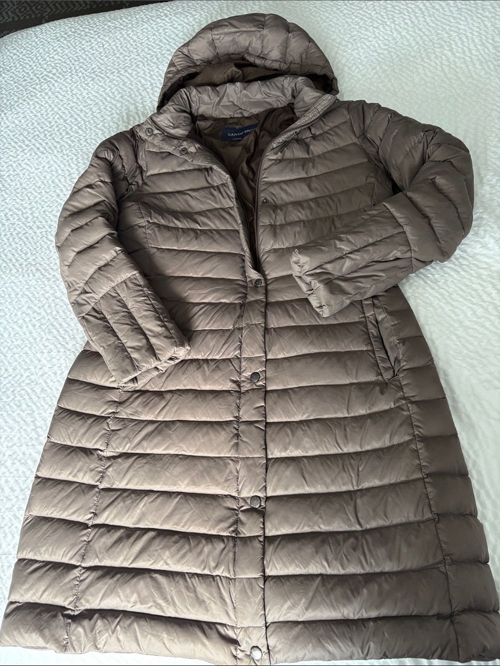 Lands’ End Mocha Long Down Hooded Zip/Snap Puffer Coat Size M (10-12)